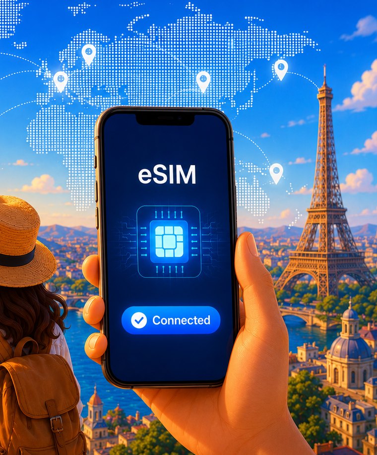 Traveller holding a phone with an activated ElloSim eSIM