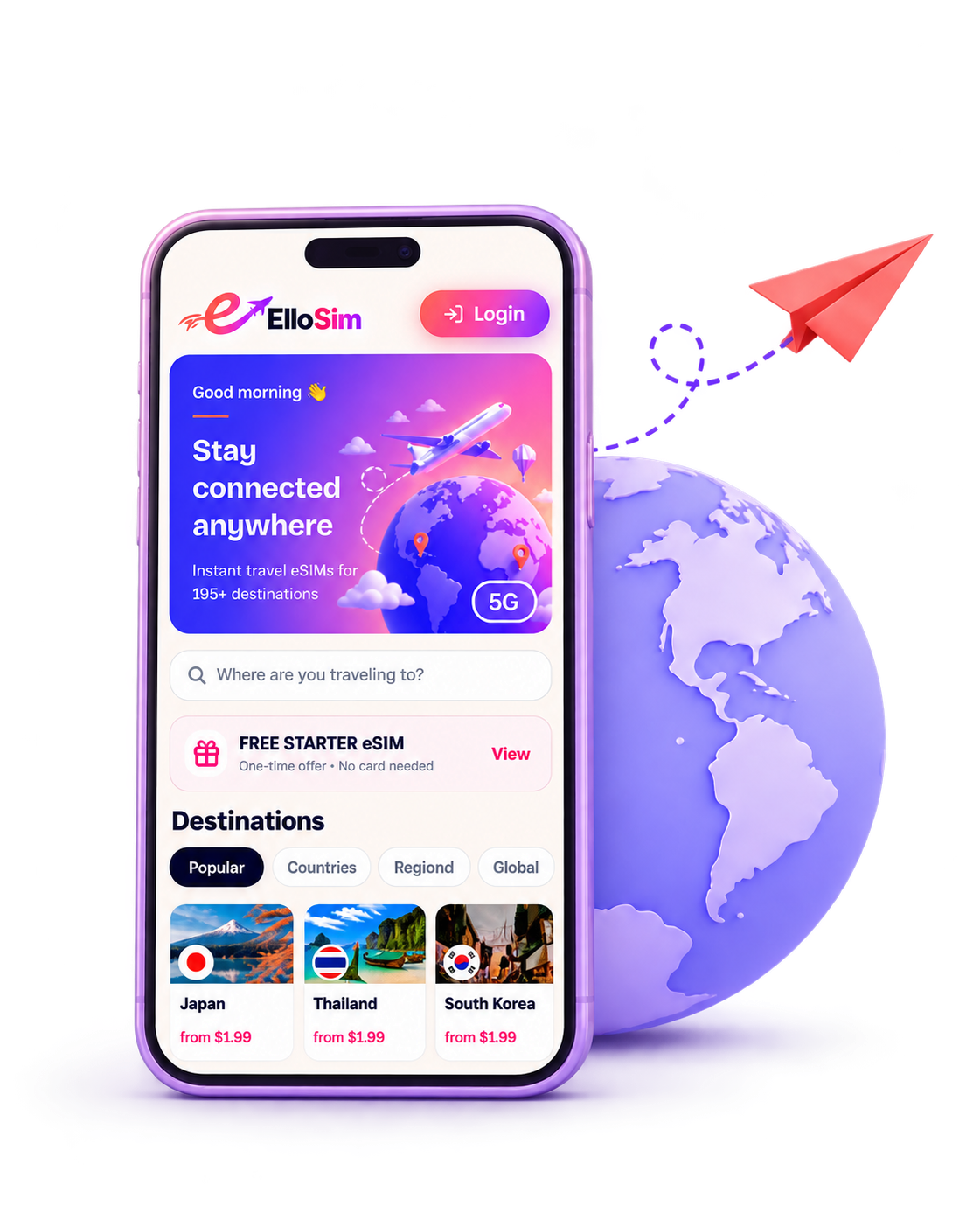 ElloSim app on a phone beside a globe and paper plane